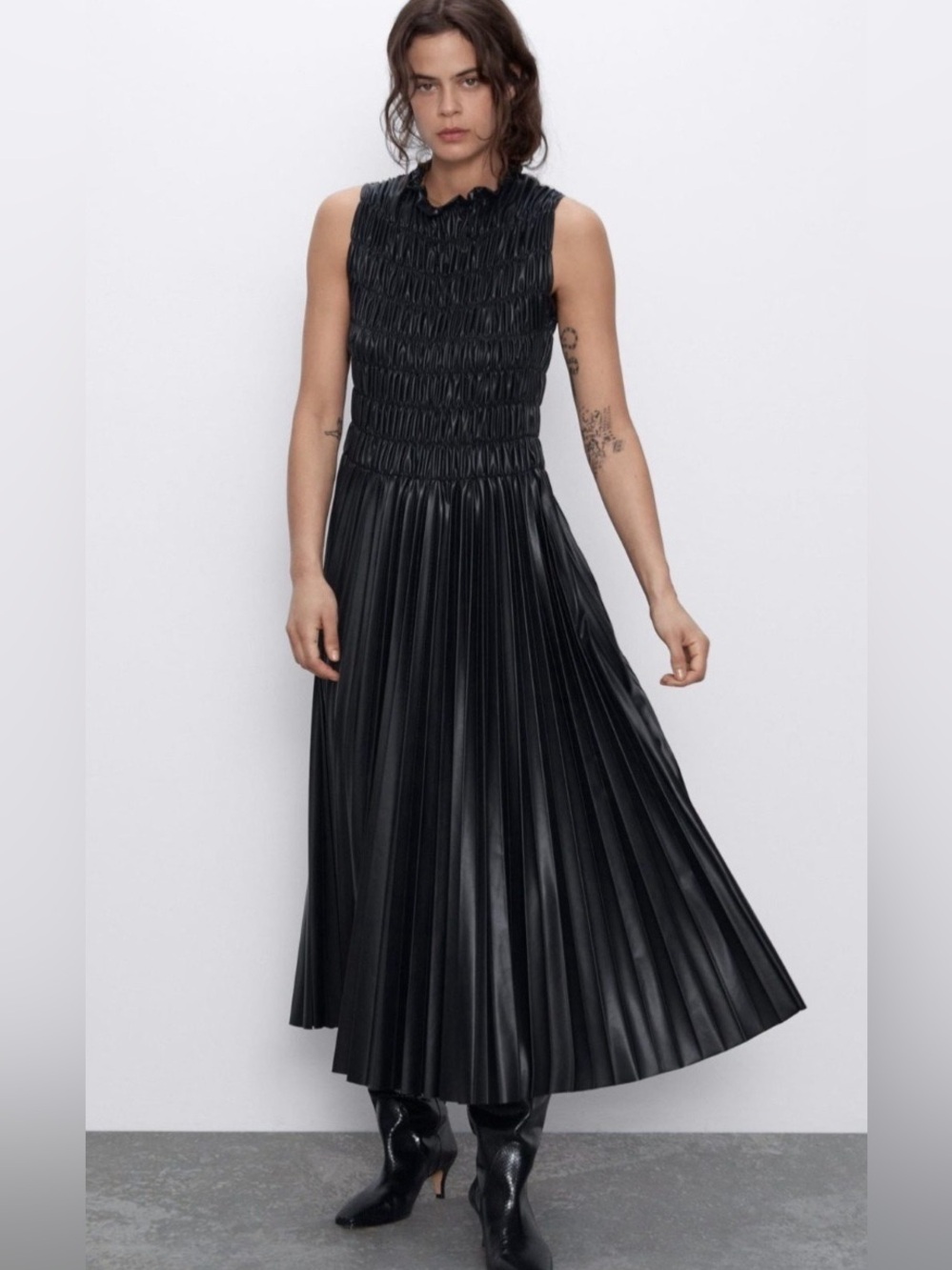 Zara Black Smocked Maxi Dress with Pleated Skirt